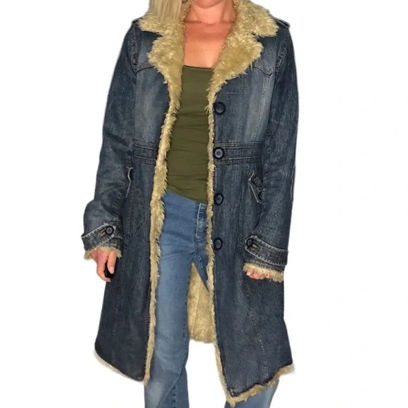 Retro STEVE MADDEN Coat Vintage LONG ISLAND CITY Penny Lane Denim Fur Size Large - Picture 3 of 13